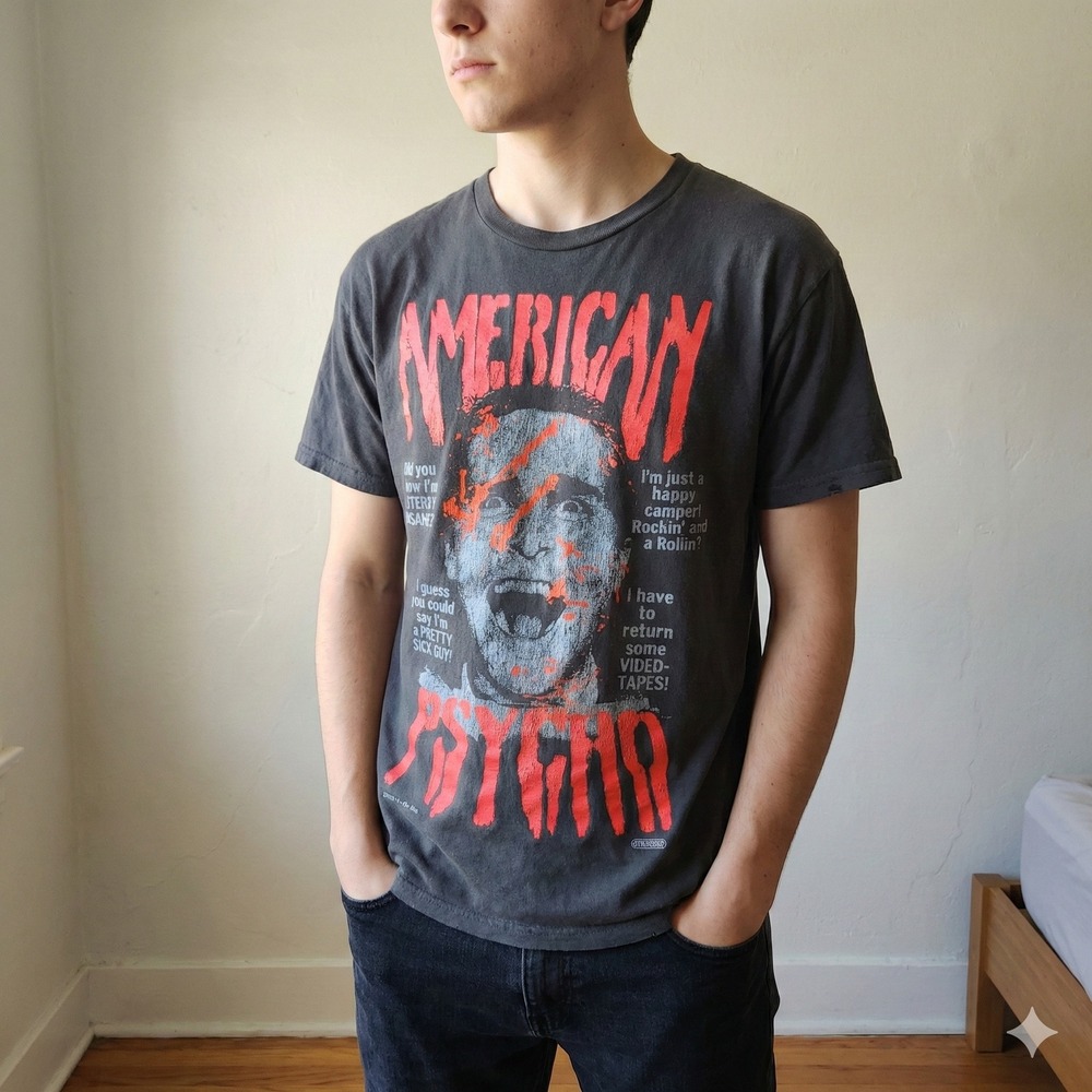 American Psycho Movie Graphic T Shirt Mens Large Christian‎ Bale Black Crewneck